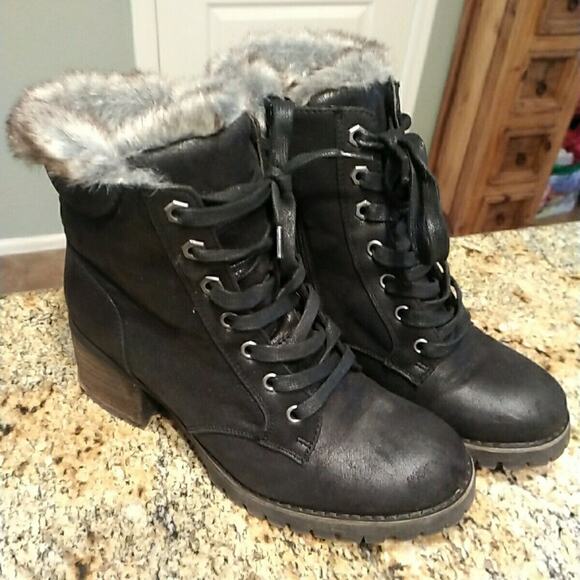 Steve Madden Comfort Faux Fur Trim Lace Up Combat Ankle Boots Bootie Black 9 - Picture 6 of 12